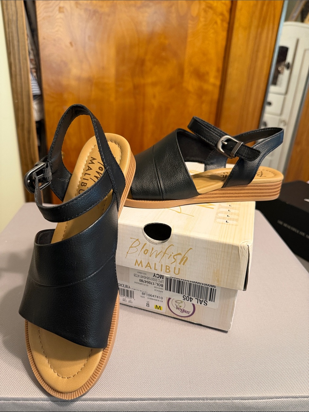 Blowfish Black Leather-Look Strappy Sandals with Tan Sole